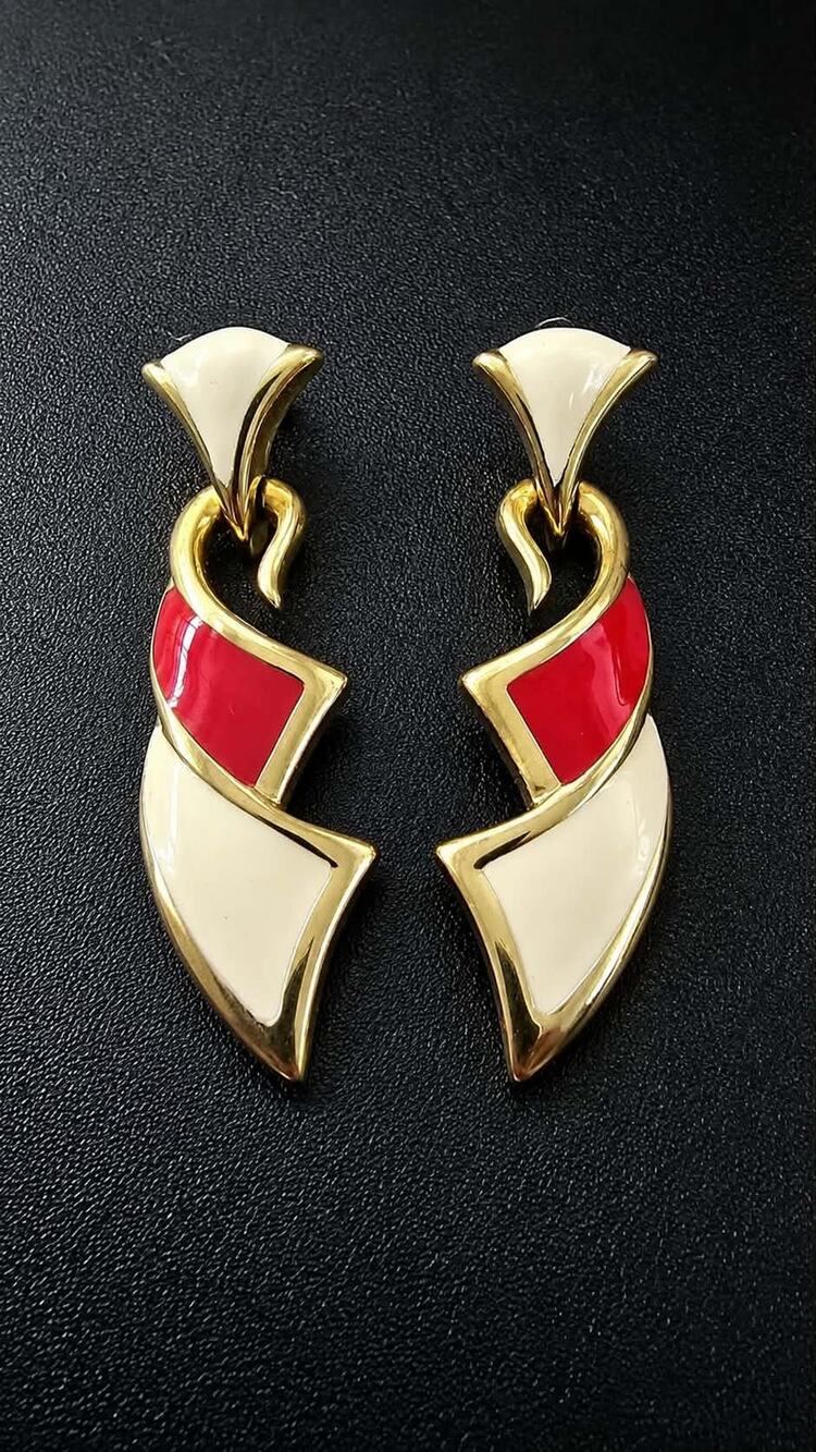 Vintage Monet red cream and gold tone abstract dangle earrings